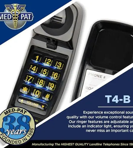 Med-Pat T-4 Trimline Telephone — Corded Amplified Phone, Wall-Mountable & Hearing Aid Compatible for Seniors