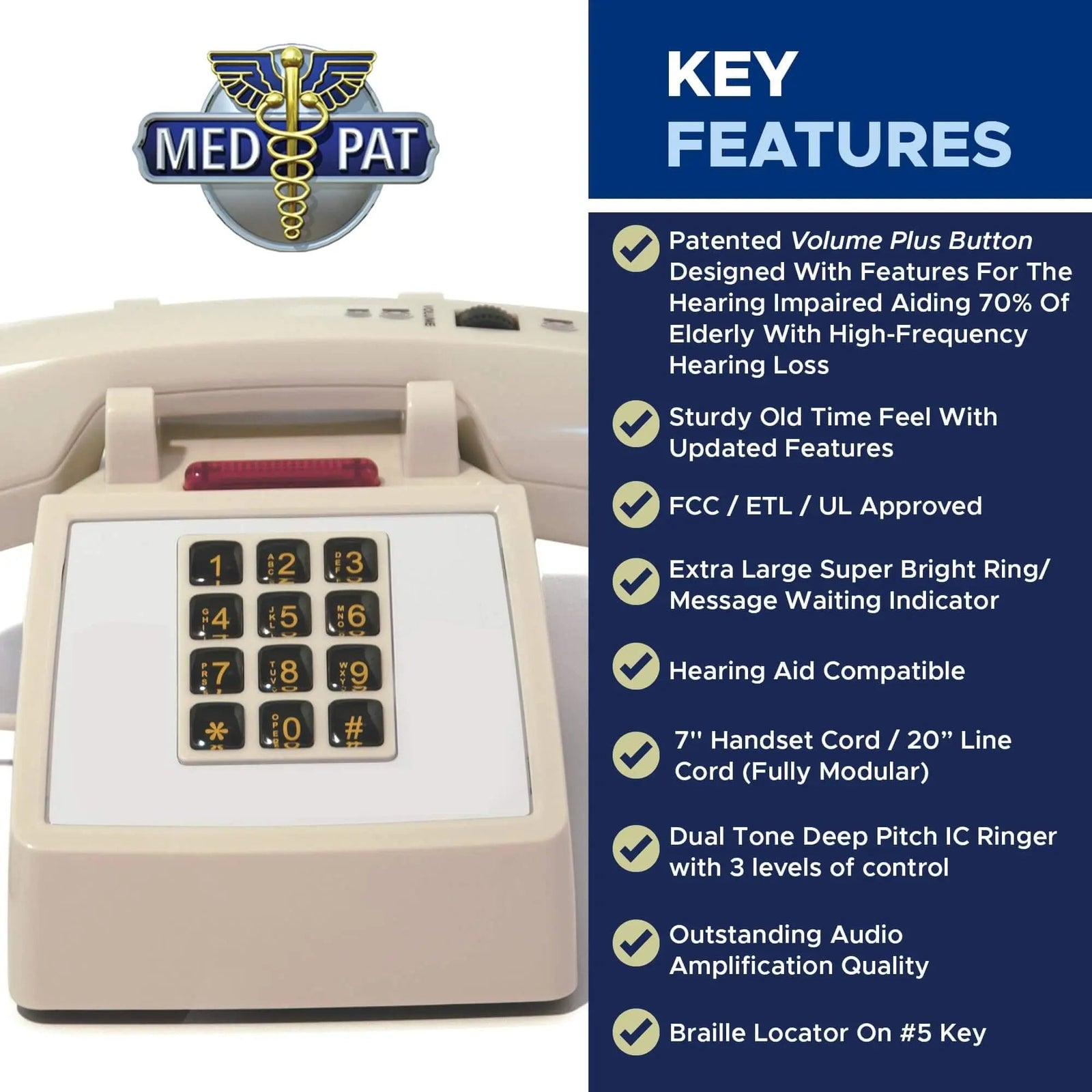 Med-Pat D2600C Retro Corded Desk Phone – Beige Analog Landline with Volume & Hearing Aid Support