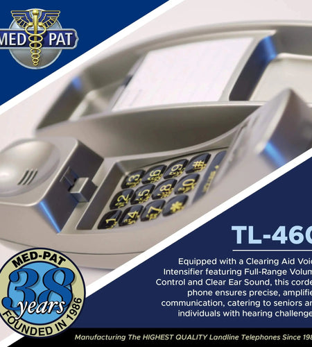 Med-Pat TL-460 Trimline Landline Phone – Wall Mount, Volume Boost, Lighted Ring for Seniors