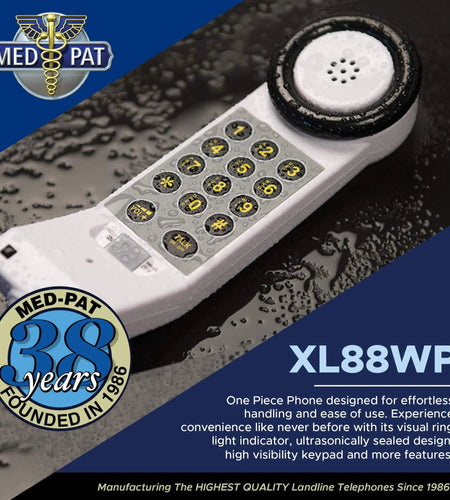 Med‑Pat XL88WP Waterproof One‑Piece Telephone – Visual Ring Light, Full‑Range Volume, High‑Visibility Keypad (White)