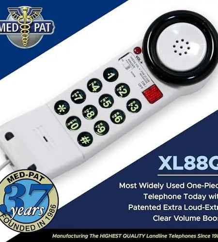 Med-Pat XL88Q One-Piece Phone – Extra-Loud Volume, Visual Ring, Water-Resistant, Hearing Aid Compatible