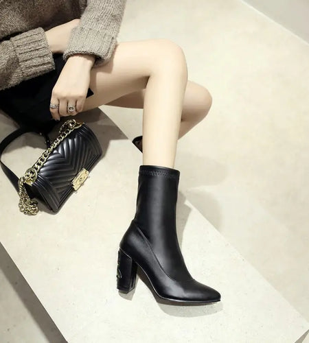 Embroidered Gray Ankle Boots with Chunky Heels for Women