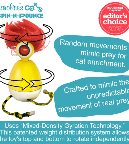 Caroline's Cats Spin-N-Pounce Rechargeable Automatic Interactive Indoor Dancing Cat Toy; Touch Sensor & Auto Shut Off, 360° Rotation, Silent Motor, LED Light, Simulates Prey for Hunting & Exercise