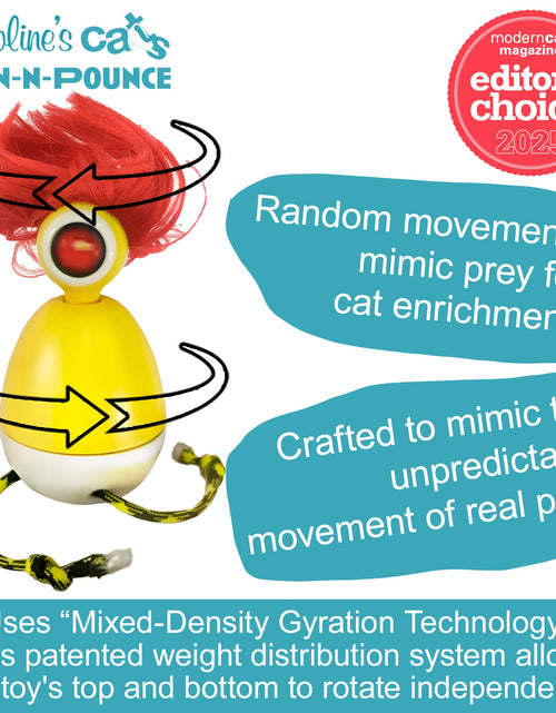Load image into Gallery viewer, Caroline's Cats Spin-N-Pounce Rechargeable Automatic Interactive Indoor Dancing Cat Toy; Touch Sensor &amp; Auto Shut Off, 360° Rotation, Silent Motor, LED Light, Simulates Prey for Hunting &amp; Exercise
