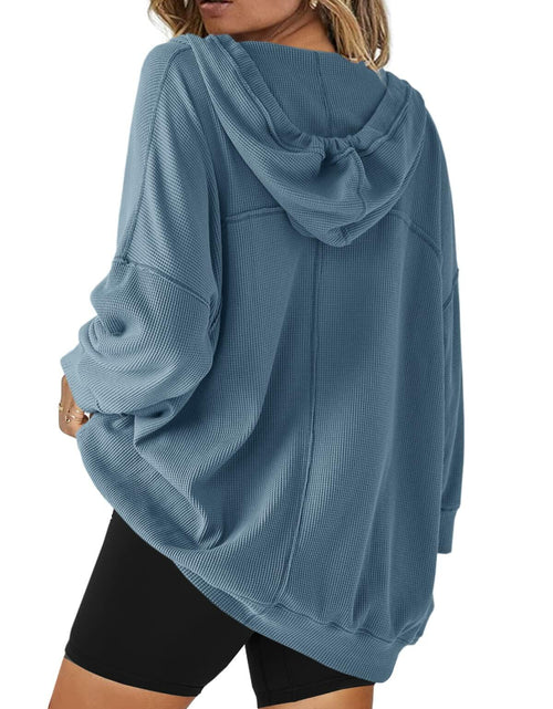 Load image into Gallery viewer, SENSERISE Women’s Oversized V Neck Hoodie Blue Waffle Knit Top Pockets Size M
