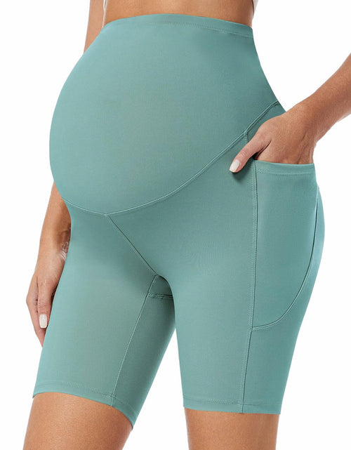 Load image into Gallery viewer, Purplepig Maternity Shorts with Pockets 8" Cyan Small Soft Over Belly
