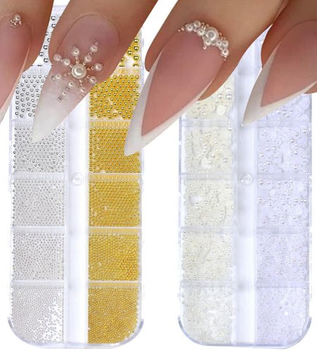 Nail Art Pearls Flatback Charms Mixed Sizes Gold Silver White - 2 Boxes
