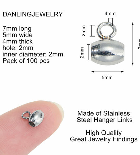 DanLingJewelry 100Pcs Stainless Steel Oval Bail Beads Silver 7x5x4mm Hole 2mm