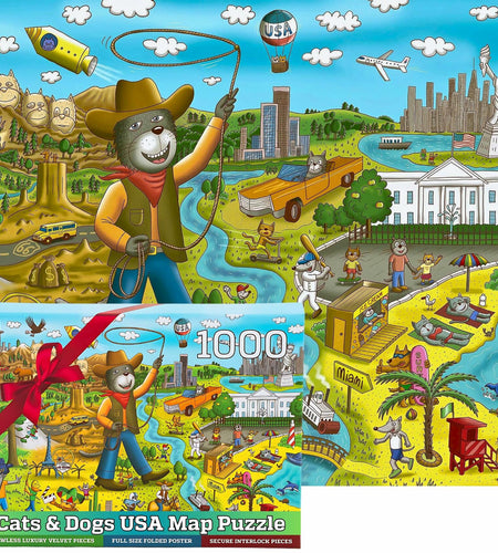 GERJATO Cats & Dogs USA Map Puzzle 1000pc with Poster & Saver Sheets