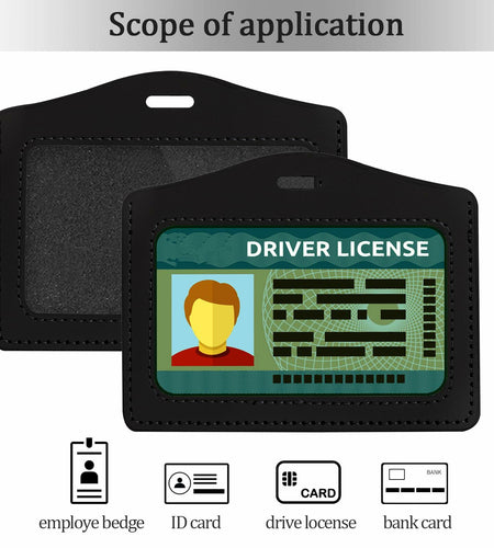 2 Pcs Genuine Leather Horizontal ID Badge Holders Clear Waterproof Black Gray