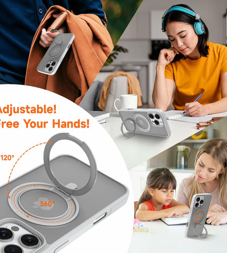 Vongong iPhone 16 Pro Max Gray Magnetic Case Drop-Proof with 360° Ring Stand