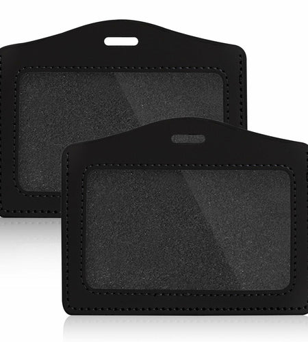 2 Pcs Genuine Leather Horizontal ID Badge Holders Clear Waterproof Black Gray