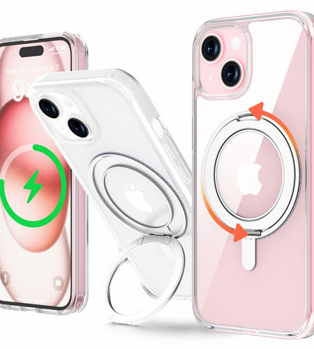 JASBON iPhone 15 Case 6.1 Clear Magnetic Kickstand 360° Rotatable Shockproof