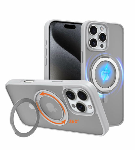 Vongong iPhone 16 Pro Max Gray Magnetic Case Drop-Proof with 360° Ring Stand