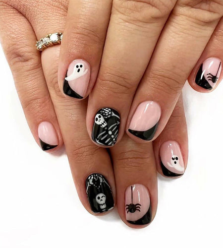 24Pcs French Tip Press On Nails Short Square Ghost Spider Halloween Design