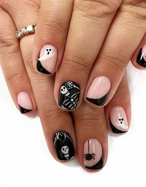 Load image into Gallery viewer, 24Pcs French Tip Press On Nails Short Square Ghost Spider Halloween Design
