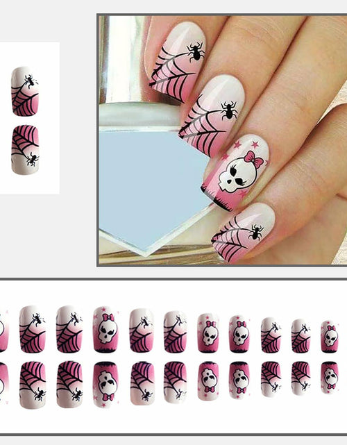 Load image into Gallery viewer, RIICFDD Halloween Spider Web Kawaii Skull Pink Gradient Short Square Nails 24
