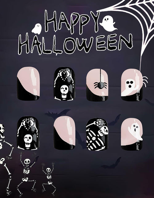Load image into Gallery viewer, 24Pcs French Tip Press On Nails Short Square Ghost Spider Halloween Design
