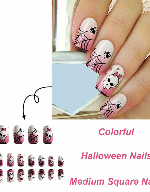 Load image into Gallery viewer, RIICFDD Halloween Spider Web Kawaii Skull Pink Gradient Short Square Nails 24
