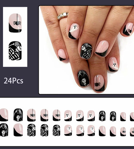 24Pcs French Tip Press On Nails Short Square Ghost Spider Halloween Design