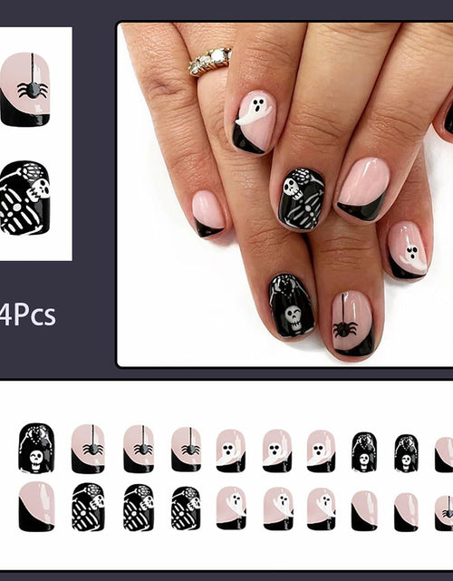 Load image into Gallery viewer, 24Pcs French Tip Press On Nails Short Square Ghost Spider Halloween Design
