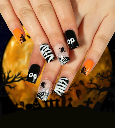 24Pcs Square Medium Press On Nails Halloween Spider Web Design False Nails
