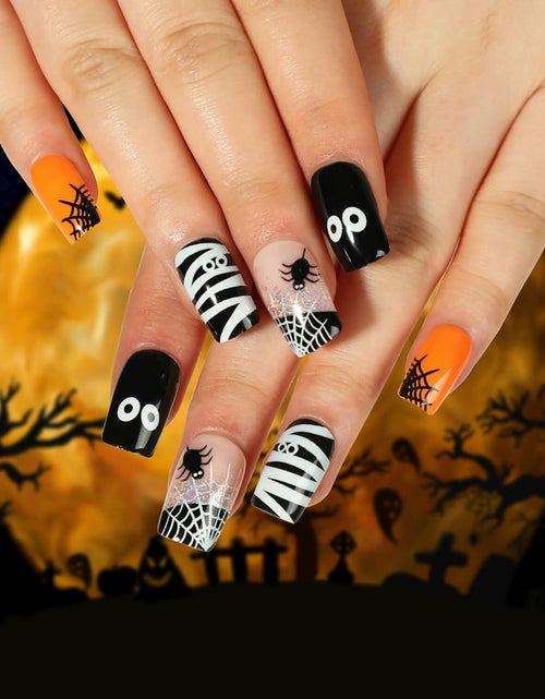 Load image into Gallery viewer, 24Pcs Square Medium Press On Nails Halloween Spider Web Design False Nails
