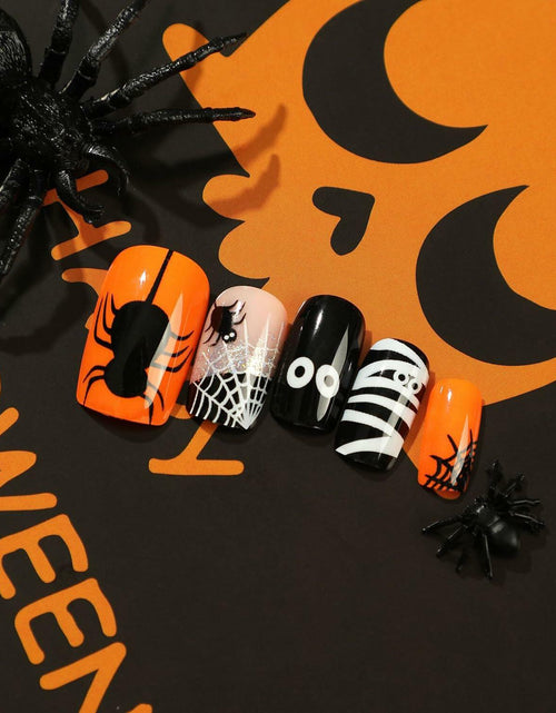 Load image into Gallery viewer, 24Pcs Square Medium Press On Nails Halloween Spider Web Design False Nails
