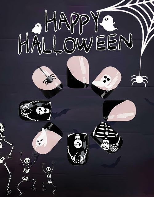 Load image into Gallery viewer, 24Pcs French Tip Press On Nails Short Square Ghost Spider Halloween Design
