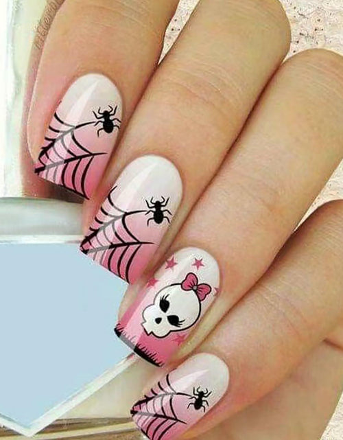 Load image into Gallery viewer, RIICFDD Halloween Spider Web Kawaii Skull Pink Gradient Short Square Nails 24

