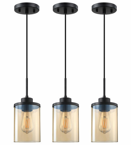 CJY CHENJINYAN 3 Pack 4.3" Amber Glass Pendant Lights Black Finish