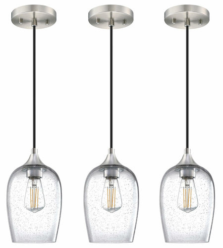 3 Pack Globe Pendant Light 5.1" Clear Seeded Glass Brushed Nickel Modern