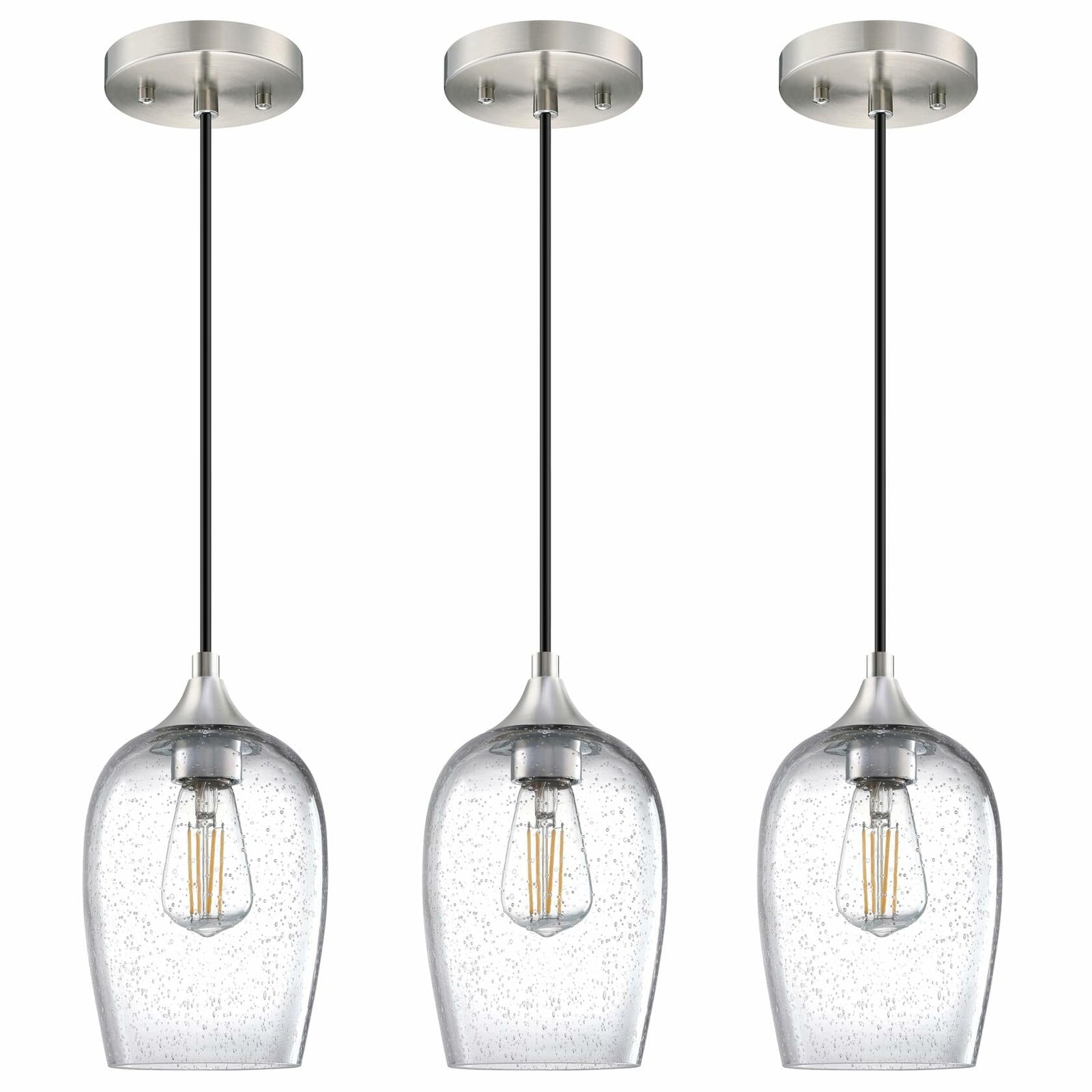3 Pack Globe Pendant Light 5.1" Clear Seeded Glass Brushed Nickel Modern