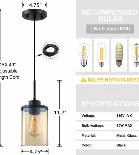 CJY CHENJINYAN 3 Pack 4.3" Amber Glass Pendant Lights Black Finish