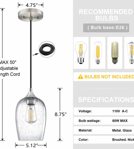 3 Pack Globe Pendant Light 5.1" Clear Seeded Glass Brushed Nickel Modern
