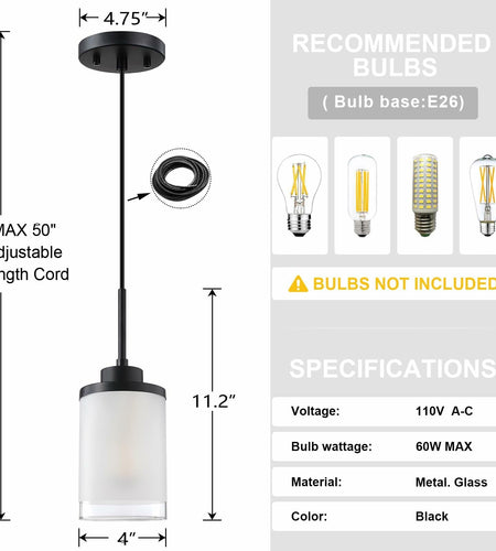 Doraimy 3-Pack 3.9" Grey Glass Pendant Lights Black Finish Modern Farmhouse
