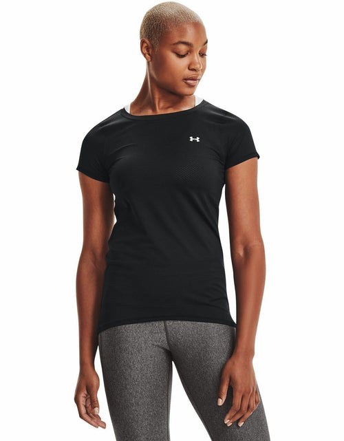 Load image into Gallery viewer, Under Armour HeatGear Athletic Fit Shirt Women Black Metallic Silver Size XS
