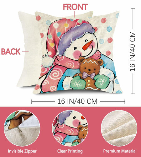 Fjfz Set of 4 Christmas Snowman Santa Pillow Covers 16x16 Plaid Polka Dot