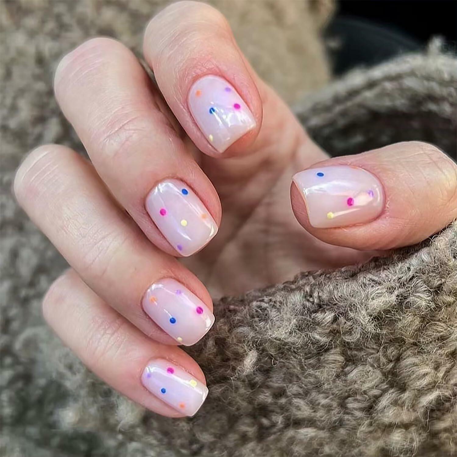 RIICFDD 24pcs Short Square Press On Nails Nude Pink Floral Glossy Style 18