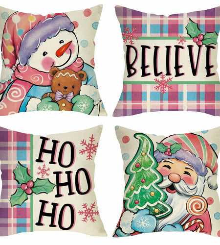 Fjfz Set of 4 Christmas Snowman Santa Pillow Covers 16x16 Plaid Polka Dot