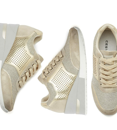 Gold High Heel Wedge Sneakers SM1-GOLD-6.5A Women Lace Up New