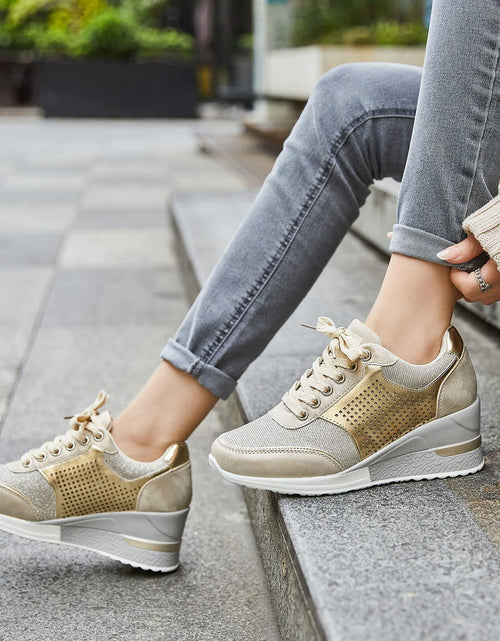 Load image into Gallery viewer, Gold High Heel Wedge Sneakers SM1-GOLD-6.5A Women Lace Up New
