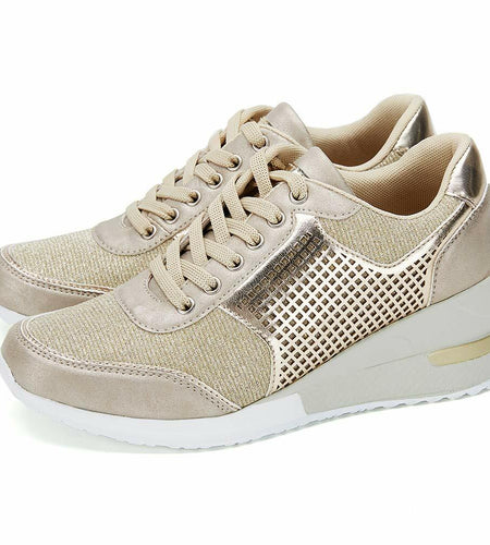 Gold High Heel Wedge Sneakers SM1-GOLD-6.5A Women Lace Up New