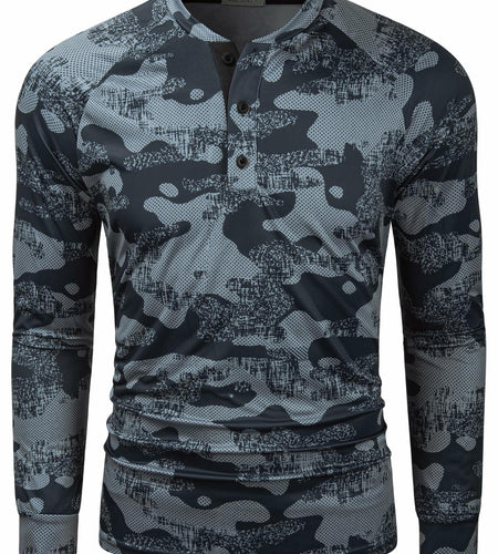 Wancafoke Men's Long Sleeve Henley Shirt Quick Dry Collarless Lake Blue - Size L