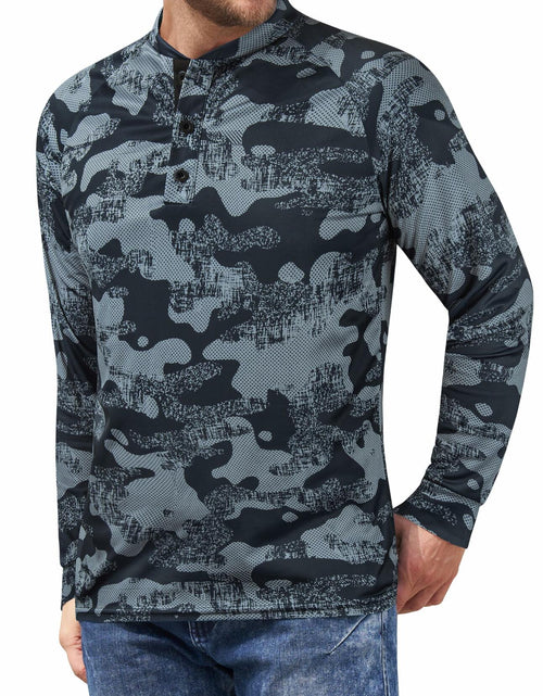Load image into Gallery viewer, Wancafoke Men's Long Sleeve Henley Shirt Quick Dry Collarless Lake Blue - Size L
