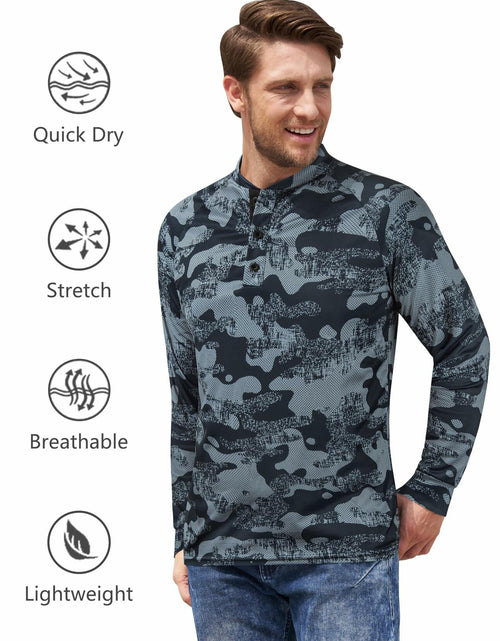 Load image into Gallery viewer, Wancafoke Men's Long Sleeve Henley Shirt Quick Dry Collarless Lake Blue - Size L
