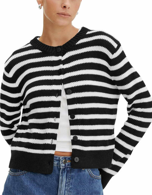 Load image into Gallery viewer, KIRUNDO Womens Black Striped Cardigan Sweater Button Down Knit Size XL
