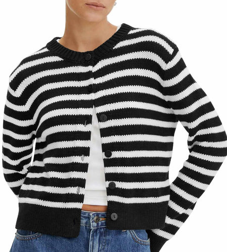KIRUNDO Womens Black Striped Cardigan Sweater Button Down Knit Size XL