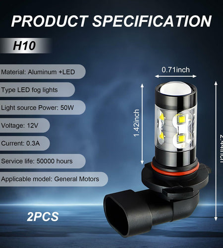 dawfall 2-Pack H10 50W 6000K White Fog Lamp Bulbs Waterproof Universal