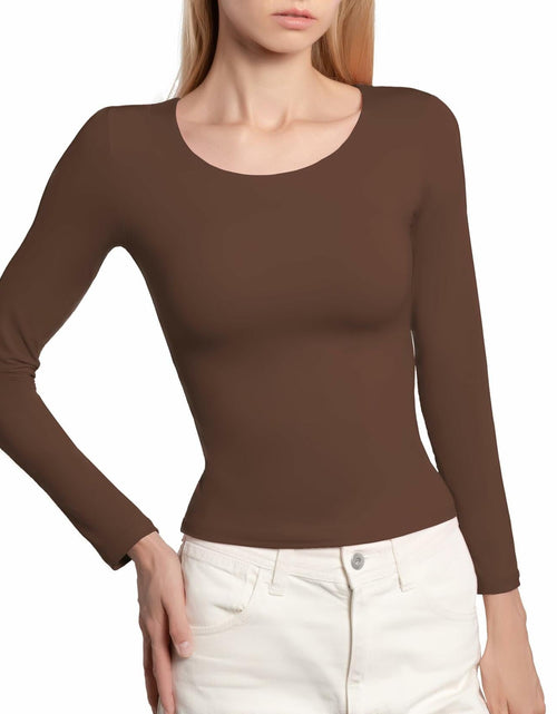 Load image into Gallery viewer, BRISIRA Women's Brown Long Sleeve Crop Top Slim Fit Scoop Neck Tee - Size M
